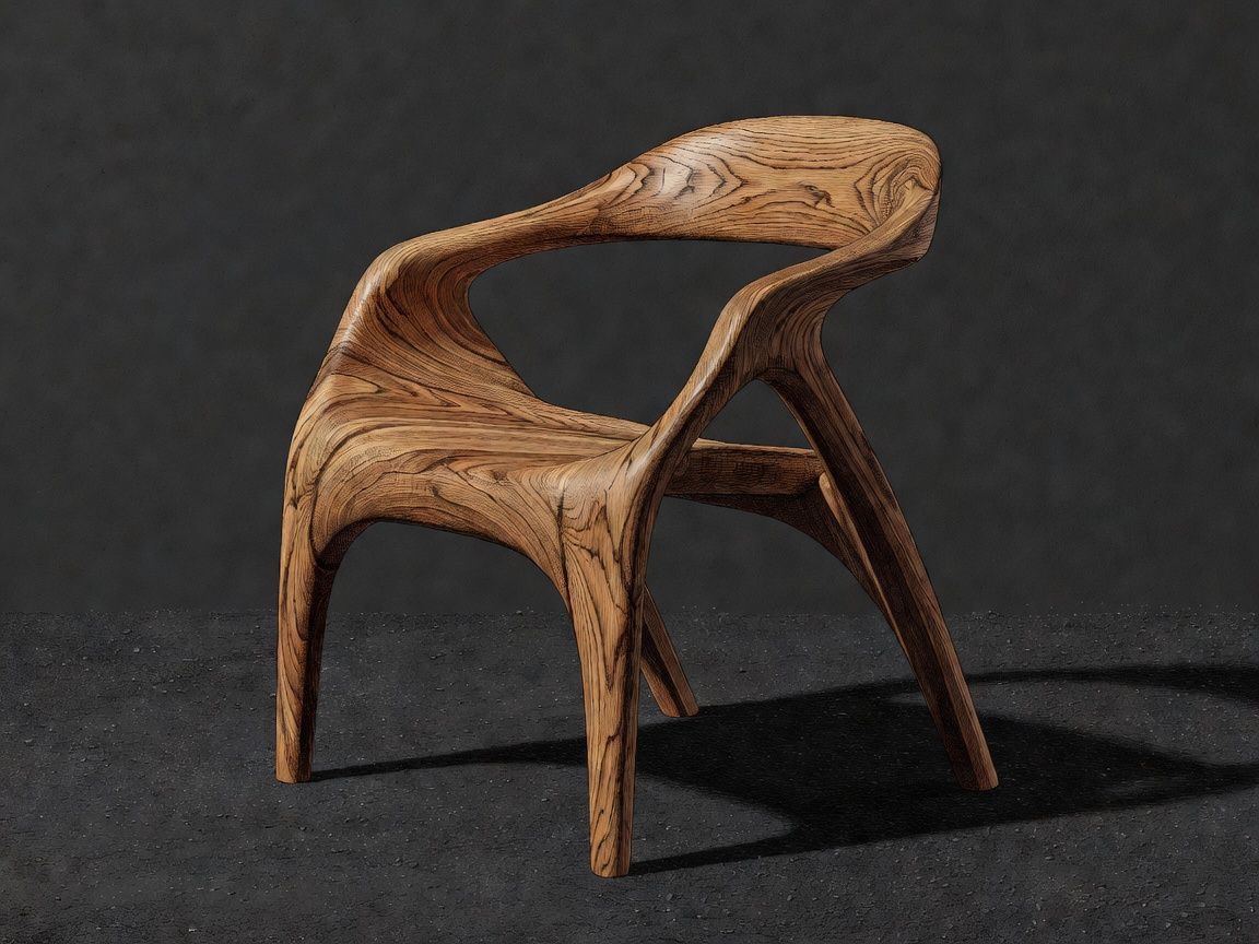 Conceptual illustration of a sculptural oak chair with curved arms on a charcoal ground