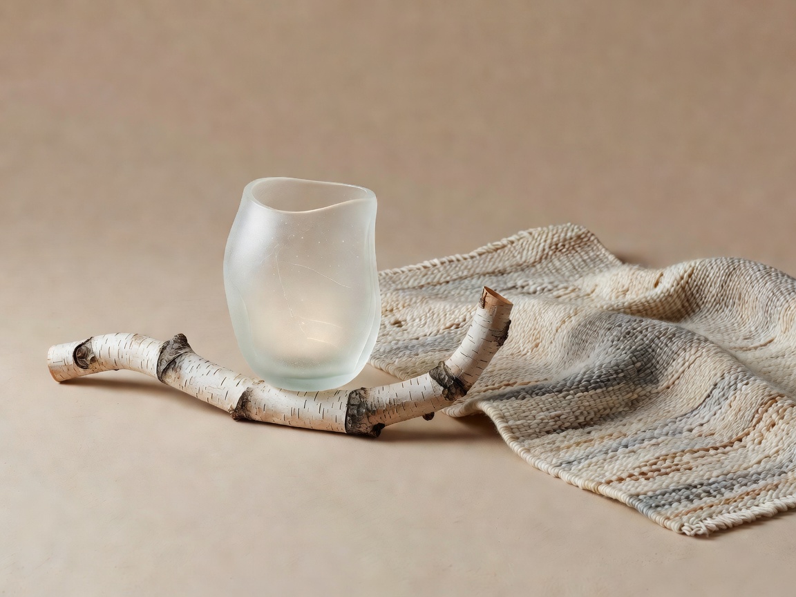 Conceptual illustration of bent birch, a softly translucent glass vessel and woven textile on a warm neutral ground