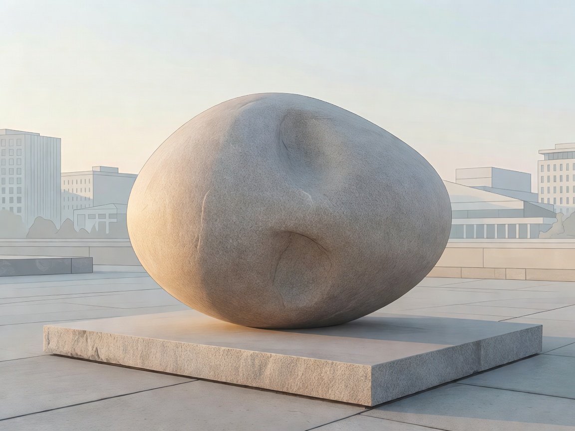 Conceptual illustration of a rounded stone sculpture on a low rectangular plinth against a plain charcoal background