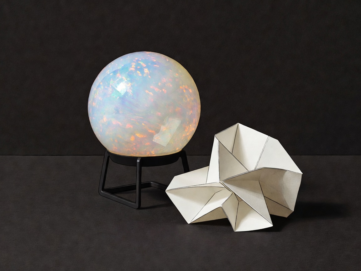 Conceptual illustration of an opal globe lamp and folded sculptural object, softly lit on charcoal
